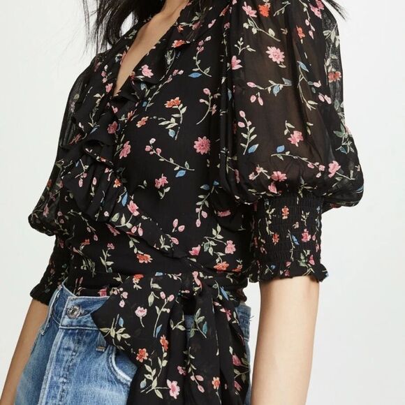 Ganni Paradise Elm Georgette Black Floral Wrap Top - Picture 8 of 14